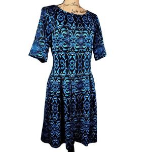 Gabby Skye Blue Black Print Fit & Flare Dress Women's Size 8